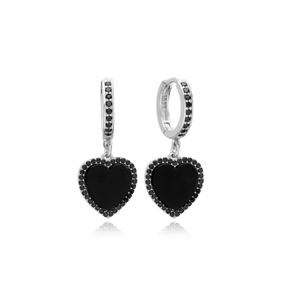 Mother Of Pearl Heart Black CZ Dangle Silver Earrings | 925 Sterling Silver Wholesale | Sade Silver Mother Of Pearl Heart Black CZ Dangle Silver Earrings - Sade 925 Silver Jewelry