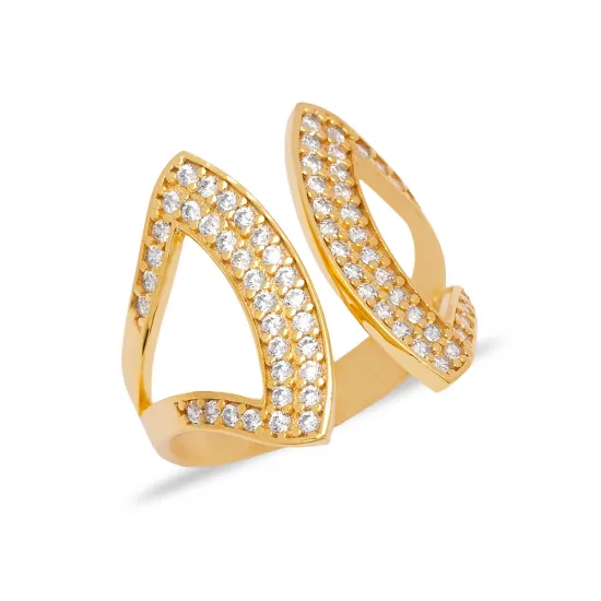 Clear Double Leaf Open Band CZ Adjustable Silver Ring