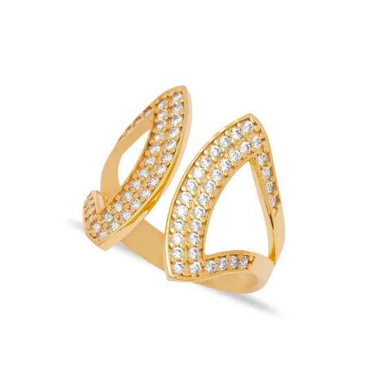 Clear Double Leaf Open Band CZ Adjustable Silver Ring