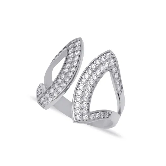 Clear Double Leaf Open Band CZ Adjustable Silver Ring