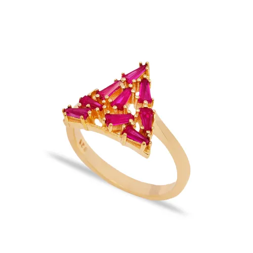 Ruby Baguette Triangle Shape Women Sterling Silver Ring