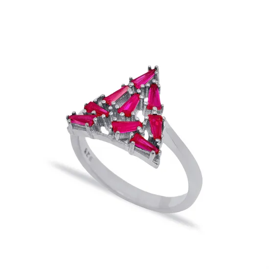 Ruby Baguette Triangle Shape Women Sterling Silver Ring