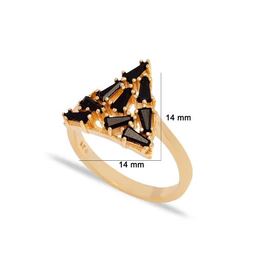 Black CZ Baguette Triangle Shape Women 925 Silver Ring