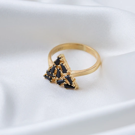 Black CZ Baguette Triangle Shape Women 925 Silver Ring