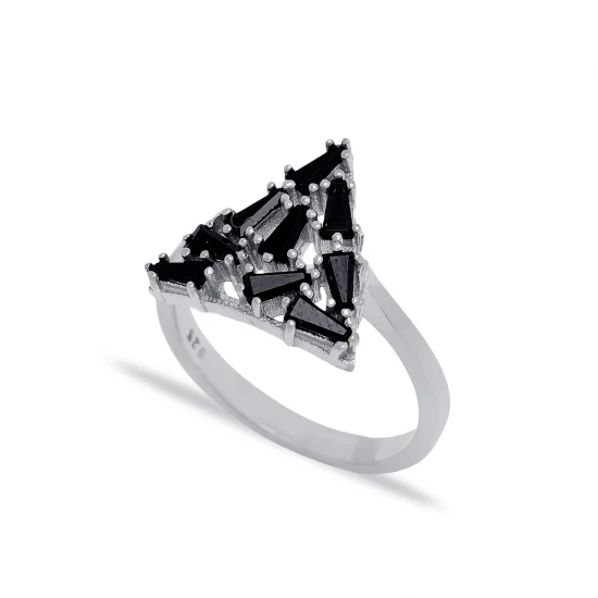 Black CZ Baguette Triangle Shape Women 925 Silver Ring