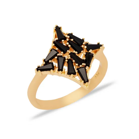 Black CZ Baguette Geometric Shape Women 925 Silver Ring