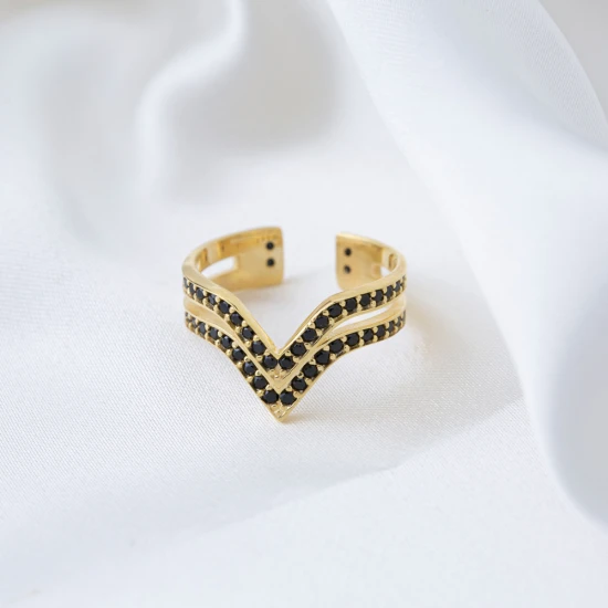 Two Bar Black CZ Irregular Adjustable 925 Silver Ring - Sade 925 Silver Jewelry