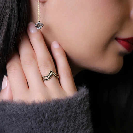 Two Bar Black CZ Irregular Adjustable 925 Silver Ring - Sade 925 Silver Jewelry