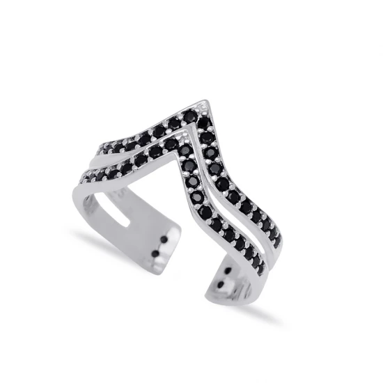 Two Bar Black CZ Irregular Adjustable 925 Silver Ring - Sade 925 Silver Jewelry