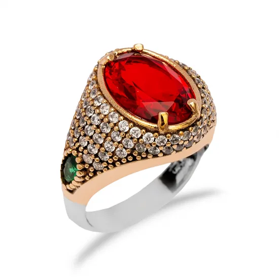 Oval Shape Garnet Unisex 925 Sterling Silver Ring