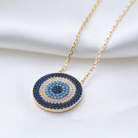 Blue Green Round Evil Eye 925 Sterling Silver Necklace Blue Green Round Evil Eye 925 Sterling Silver Necklace