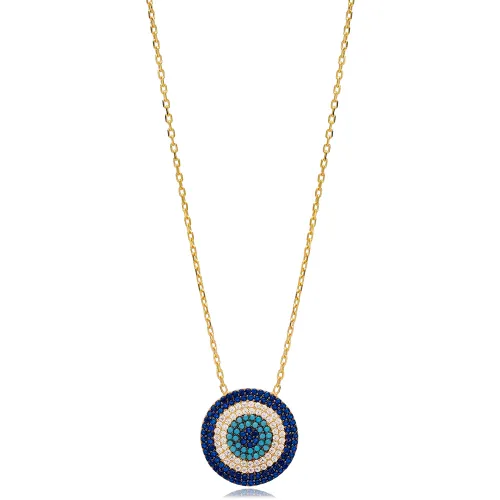 Blue Green Round Evil Eye 925 Sterling Silver Necklace