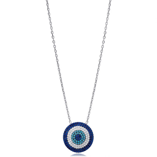 Blue Green Round Evil Eye 925 Sterling Silver Necklace Blue Green Round Evil Eye 925 Sterling Silver Necklace