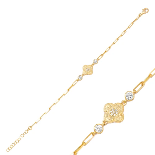 Four Leaf Clover Shiny CZ Woman 925 Silver Bracelet