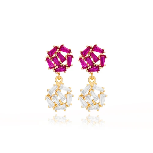 Ruby CZ Baguette Cluster 925 Sterling Silver Earrings