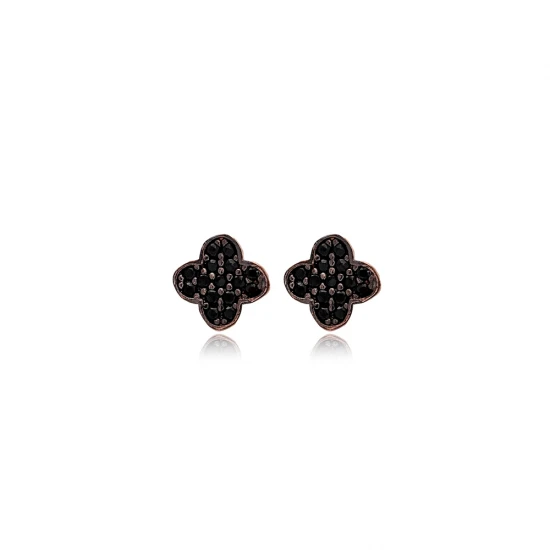 Four Leaf Clover Black CZ 925 Sterling Silver Earrings