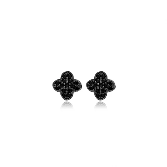 Four Leaf Clover Black CZ 925 Sterling Silver Earrings