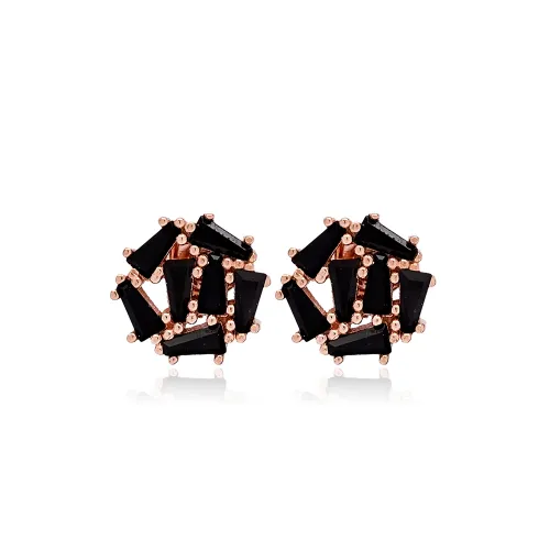 Round Geometric Black CZ Baguette 925 Silver Earrings