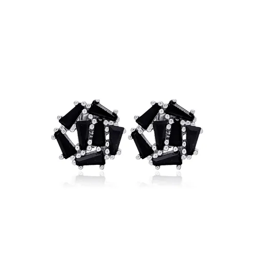 Round Geometric Black CZ Baguette 925 Silver Earrings