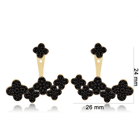 Clover Black CZ 925 Sterling Silver Earrings | 925 Sterling Silver Wholesale | Sade Silver Clover Black CZ 925 Sterling Silver Earrings - Sade 925 Silver Jewelry