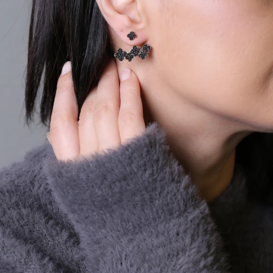 Clover Black CZ 925 Sterling Silver Earrings | 925 Sterling Silver Wholesale | Sade Silver Clover Black CZ 925 Sterling Silver Earrings - Sade 925 Silver Jewelry