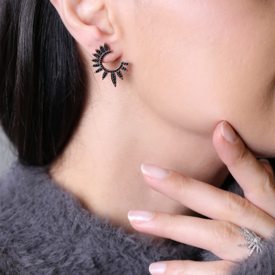 Half Round Black Wing 925 Sterling Silver Earrings