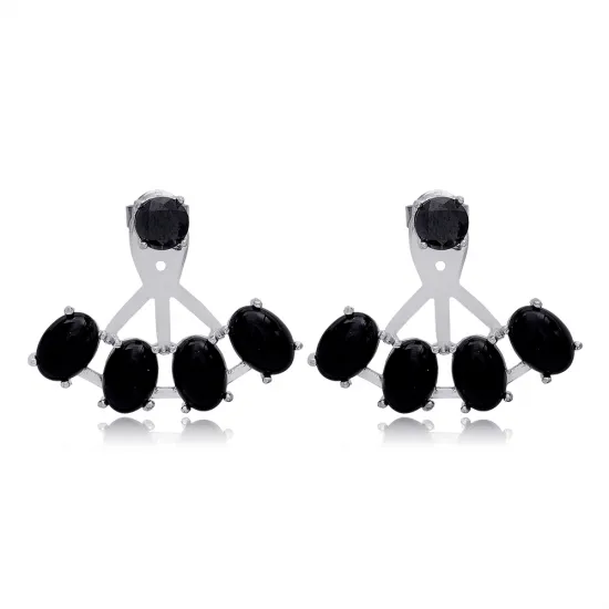 Oval Cut Black CZ 925 Sterling Silver Earrings