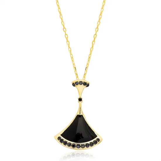 Fan Black Enamel With Black CZ Sterling Silver Pendant | 925 Sterling Silver Wholesale | Sade Silver Fan Black Enamel With Black CZ Sterling Silver Pendant - Sade 925 Silver Jewelry
