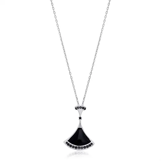 Fan Black Enamel With Black CZ Sterling Silver Pendant | 925 Sterling Silver Wholesale | Sade Silver Fan Black Enamel With Black CZ Sterling Silver Pendant - Sade 925 Silver Jewelry