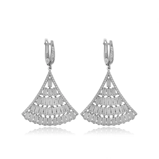 Shiny Baguette CZ Chandelier Sterling Silver Earrings | 925 Sterling Silver Wholesale | Sade Silver Shiny Baguette CZ Chandelier Sterling Silver Earrings - Sade 925 Silver Jewelry