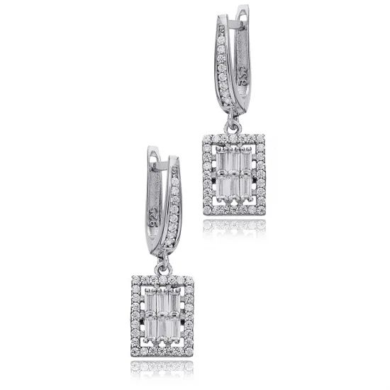 Geometric Rectangle Design Clear Zircon Stone Dangle Earrings 925 Sterling Silver Jewelry