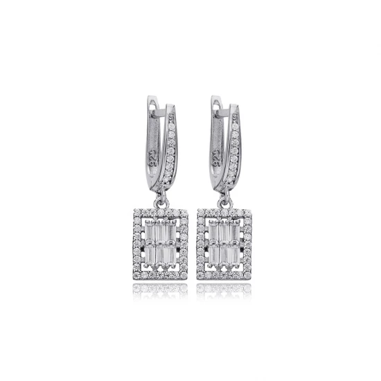 Geometric Rectangle Clear CZ Dangle 925 Silver Earrings - Sade 925 Silver Jewelry