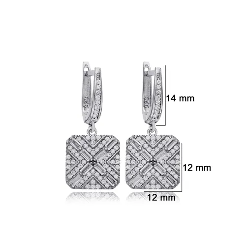 Geometric Square Clear CZ Dangle 925 Silver Earrings Geometric Square Clear CZ Dangle 925 Silver Earrings