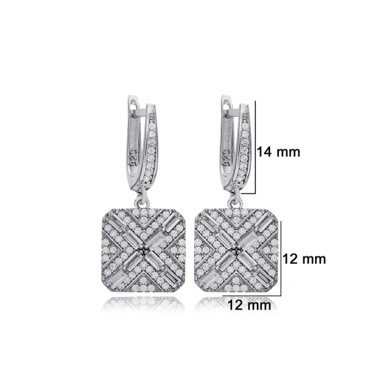 Geometric Square Clear CZ Dangle 925 Silver Earrings - Sade 925 Silver Jewelry