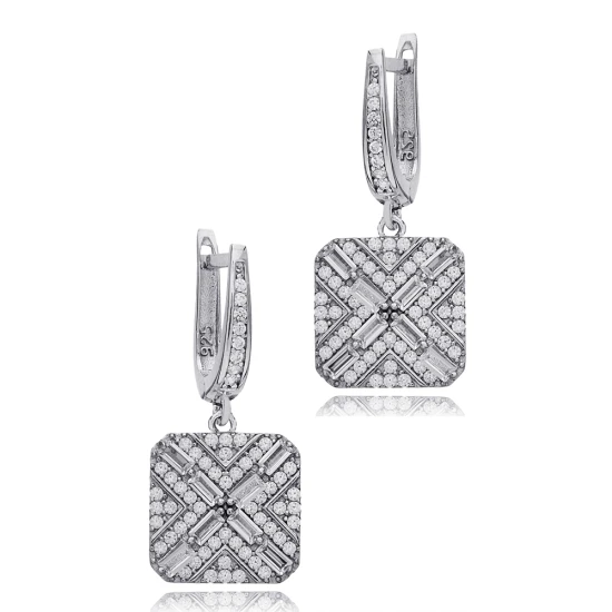 Geometric Square Clear CZ Dangle 925 Silver Earrings - Sade 925 Silver Jewelry