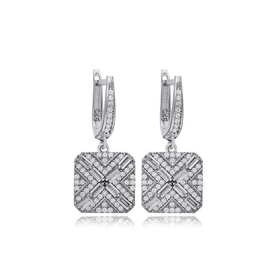 Geometric Square Clear CZ Dangle 925 Silver Earrings - Sade 925 Silver Jewelry