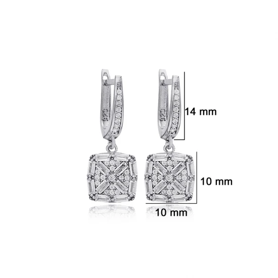 Square Geometric Baguette Dangle 925 Silver Earrings | 925 Sterling Silver Wholesale | Sade Silver Square Geometric Baguette Dangle 925 Silver Earrings - Sade 925 Silver Jewelry