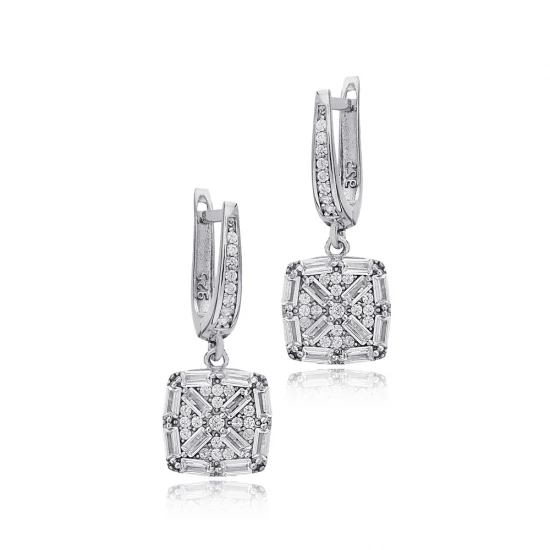 Square Geometric Baguette Dangle 925 Silver Earrings | 925 Sterling Silver Wholesale | Sade Silver Square Geometric Baguette Dangle 925 Silver Earrings - Sade 925 Silver Jewelry