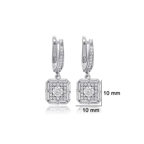 Square Geometric Round Cut CZ Dangle Silver Earrings Square Geometric Round Cut CZ Dangle Silver Earrings