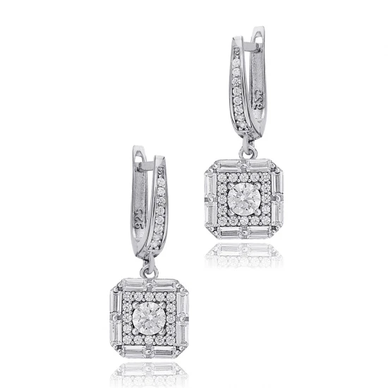 Square Geometric Round Cut CZ Dangle Silver Earrings Square Geometric Round Cut CZ Dangle Silver Earrings