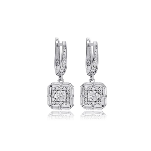 Square Geometric Round Cut CZ Dangle Silver Earrings