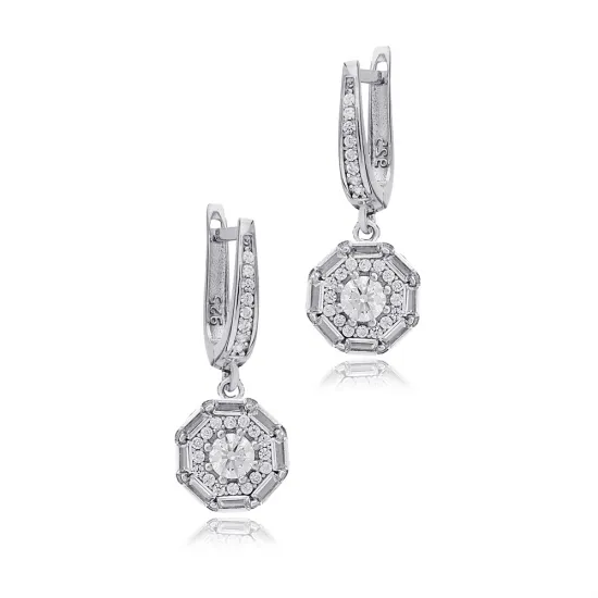 Geometric Clear CZ Dangle 925 Sterling Silver Earrings