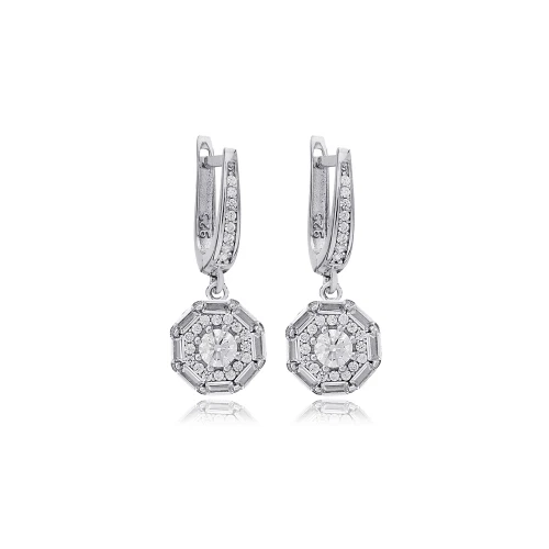 Geometric Clear CZ Dangle 925 Sterling Silver Earrings