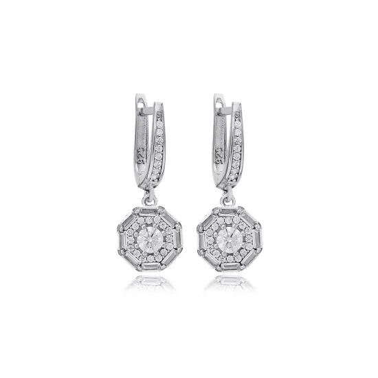 Geometric Clear CZ Dangle 925 Sterling Silver Earrings