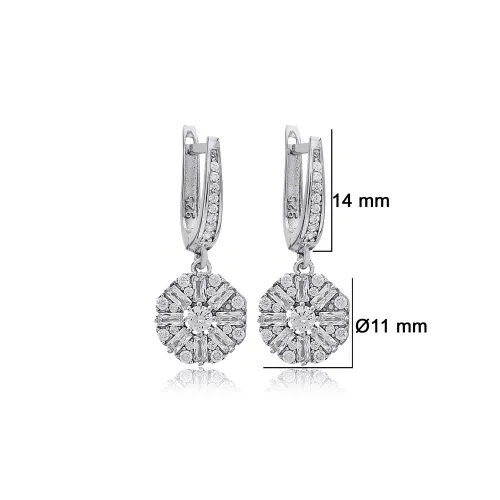 Round Cut Shiny Baguette Dangle 925 Silver Earrings Round Cut Shiny Baguette Dangle 925 Silver Earrings