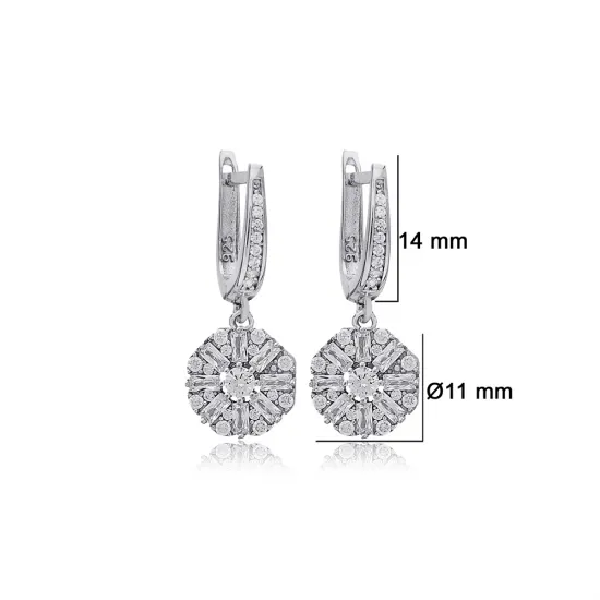Round Cut Shiny Baguette Dangle 925 Silver Earrings Round Cut Shiny Baguette Dangle 925 Silver Earrings