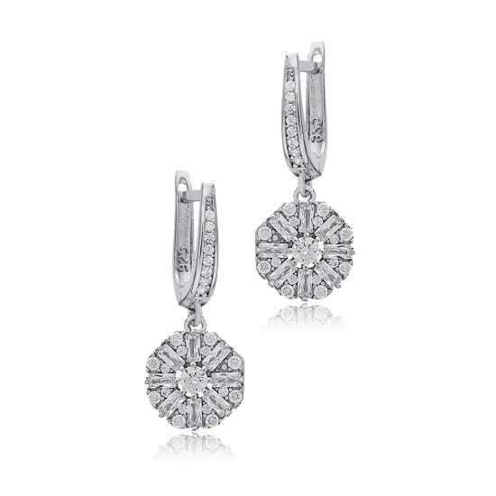 Round Cut Shiny Baguette Dangle 925 Silver Earrings Round Cut Shiny Baguette Dangle 925 Silver Earrings