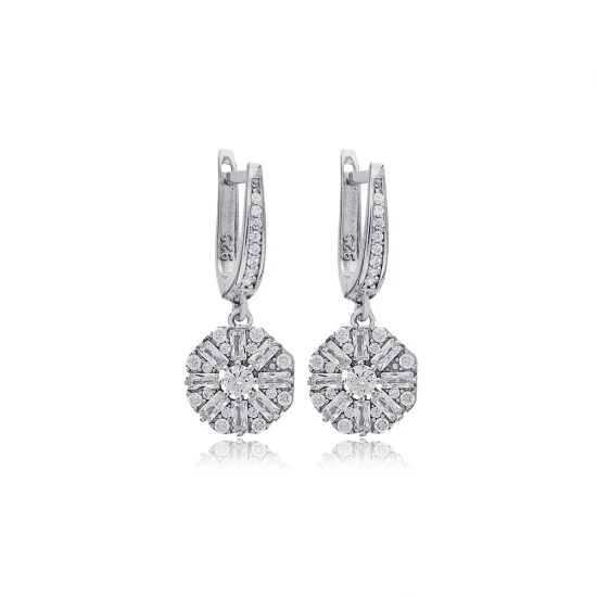 Round Cut Shiny Baguette Dangle 925 Silver Earrings | 925 Sterling Silver Wholesale | Sade Silver Round Cut Shiny Baguette Dangle 925 Silver Earrings - Sade 925 Silver Jewelry