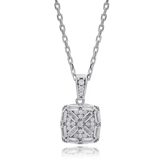 Geometric Square Shiny Baguette 925 Silver Necklace