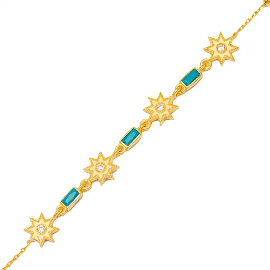Star Baguette Shape Turquoise Sterling Silver Bracelet | 925 Sterling Silver Wholesale | Sade Silver Star Baguette Shape Turquoise Sterling Silver Bracelet - Sade 925 Silver Jewelry